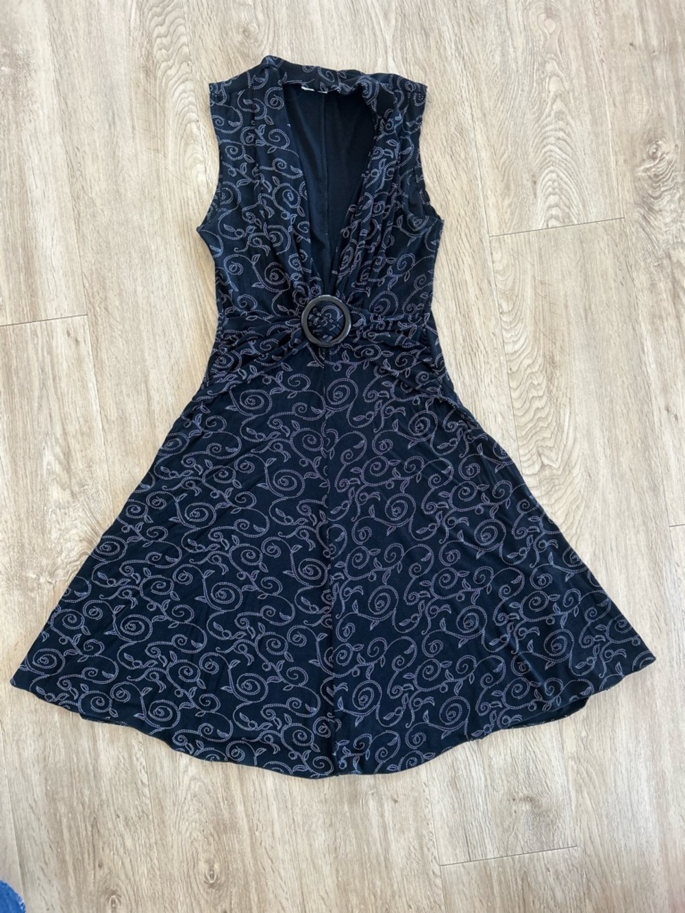 Jessica Black Swirl Midi Dress with Decorative Buckle